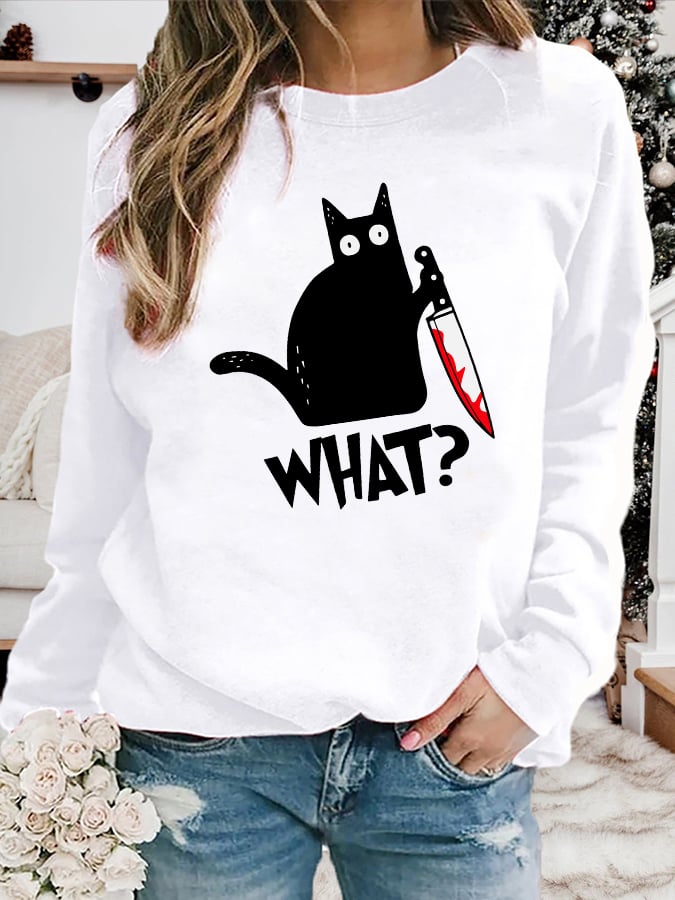 Women's Halloween Black Cat Print Casual Sweatshirt