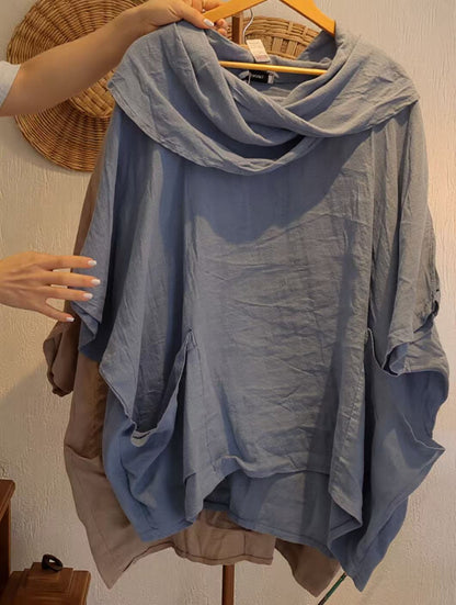 Women's Solid Color Draped Neck 3/4 Sleeve Comfortable Casual Linen Pocket Top