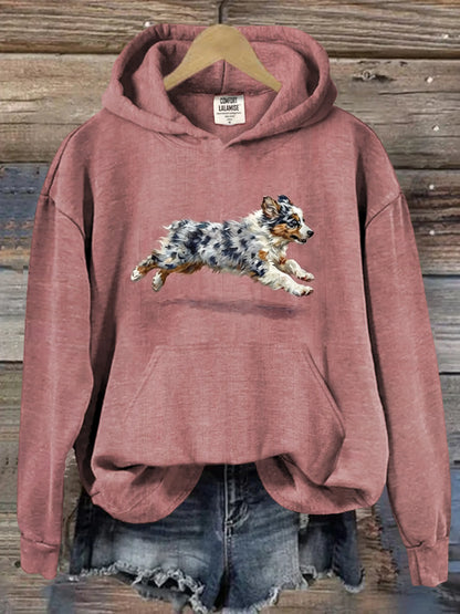 Funny Retro Cute Running Dog Art Casual Hoodie Sweatshirt