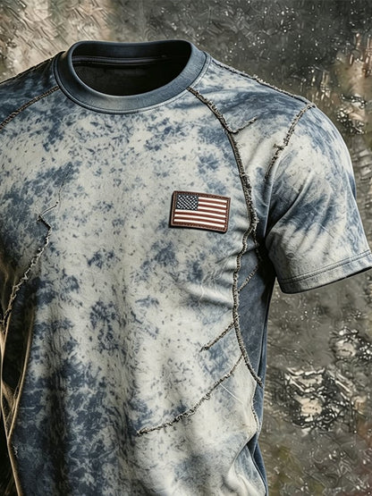 Men's Printed Crew Neck T-Shirt — American Flag Patch, Raw-Edge Splicing & Stitching; Casual, Slim-Fit, Athletic-Style American Streetwear Short-Sleeve Top