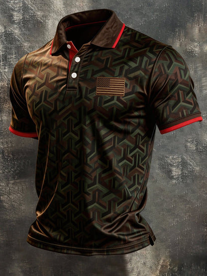 Men's Retro Patriotic Color-Block Short-Sleeve Polo Shirt