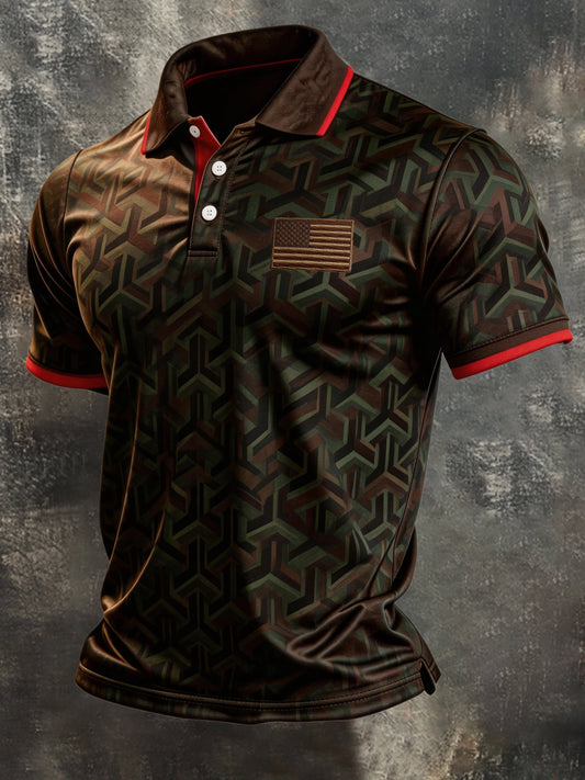 Men's Retro Patriotic Color-Block Short-Sleeve Polo Shirt