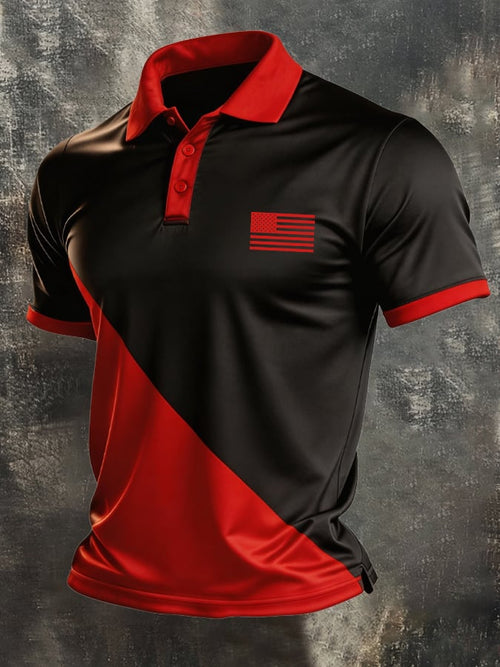 Men's Retro Patriotic Color-Block Short-Sleeve Polo Shirt