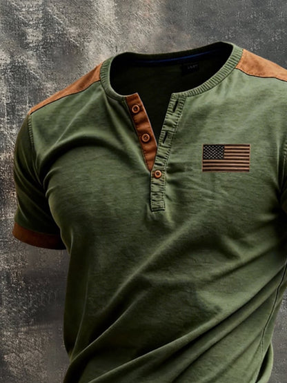 Men's Retro Color-Block Spliced Casual Short-Sleeve Henley T-Shirt