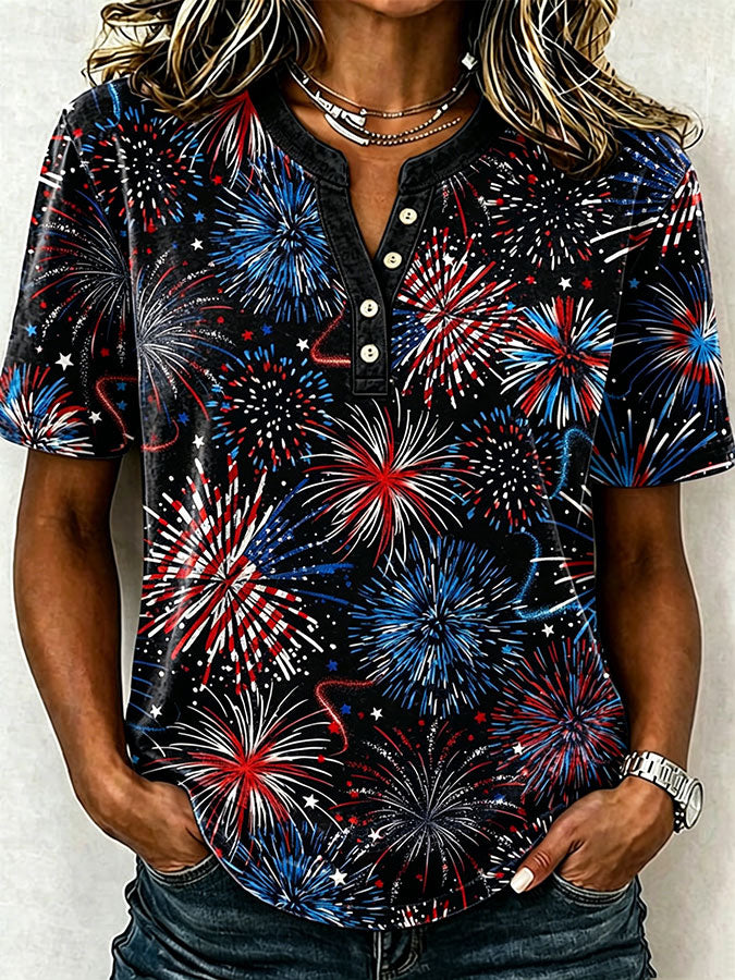 Female Leisure Patriotic Fireworks Flag Button T-Shirt