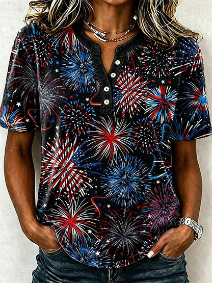 Female Leisure Patriotic Fireworks Flag Button T-Shirt