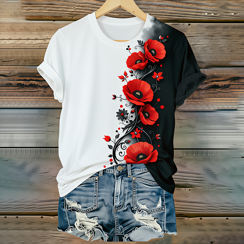 Women's "Red Friday" Poppy Print Crew Neck T-Shirt