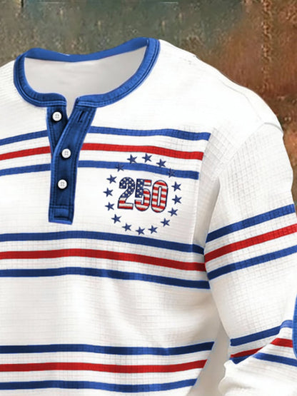 Men's Casual Retro Patriotic Red, Yellow, And Blue Striped Waffle-Knit Henley Shirt