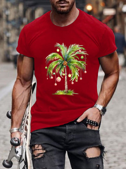 Men's Casual Christmas Palm Tree Printed Short Sleeve T-Shirt