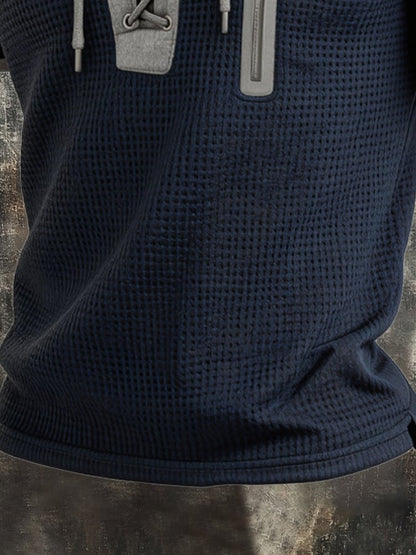 Men's Retro Color-Block T-Shirt with Tie Collar and Zipper Pocket