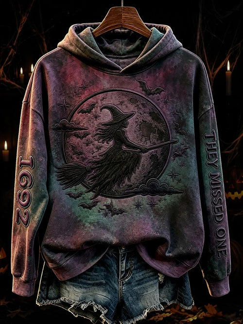 Women's Vintage 1692 They Missed One Flying Witch Print Cozy Hoodie