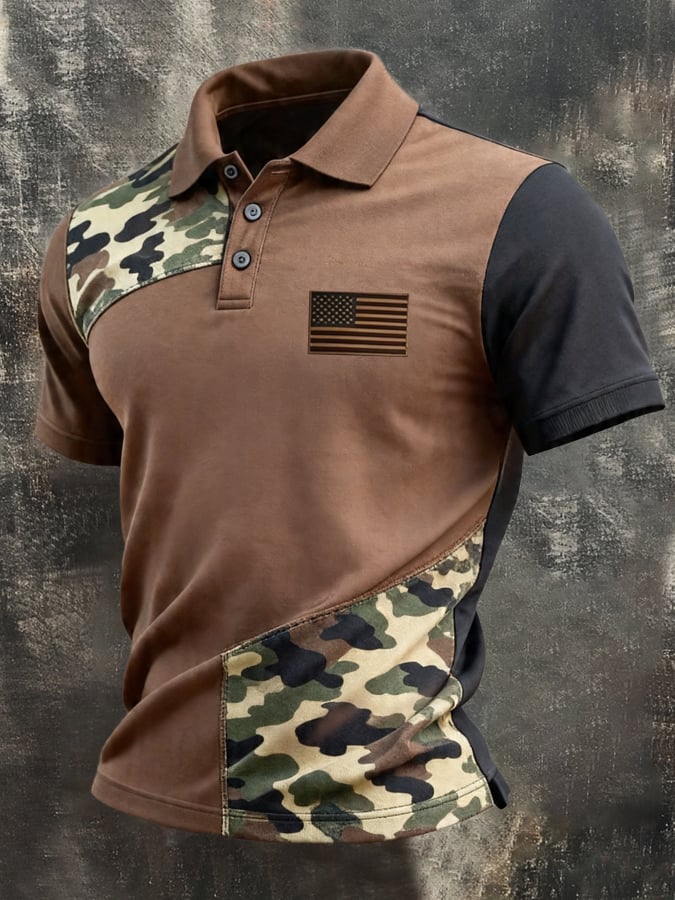 Men's Retro Patriotic Color-Block Short-Sleeve Polo Shirt