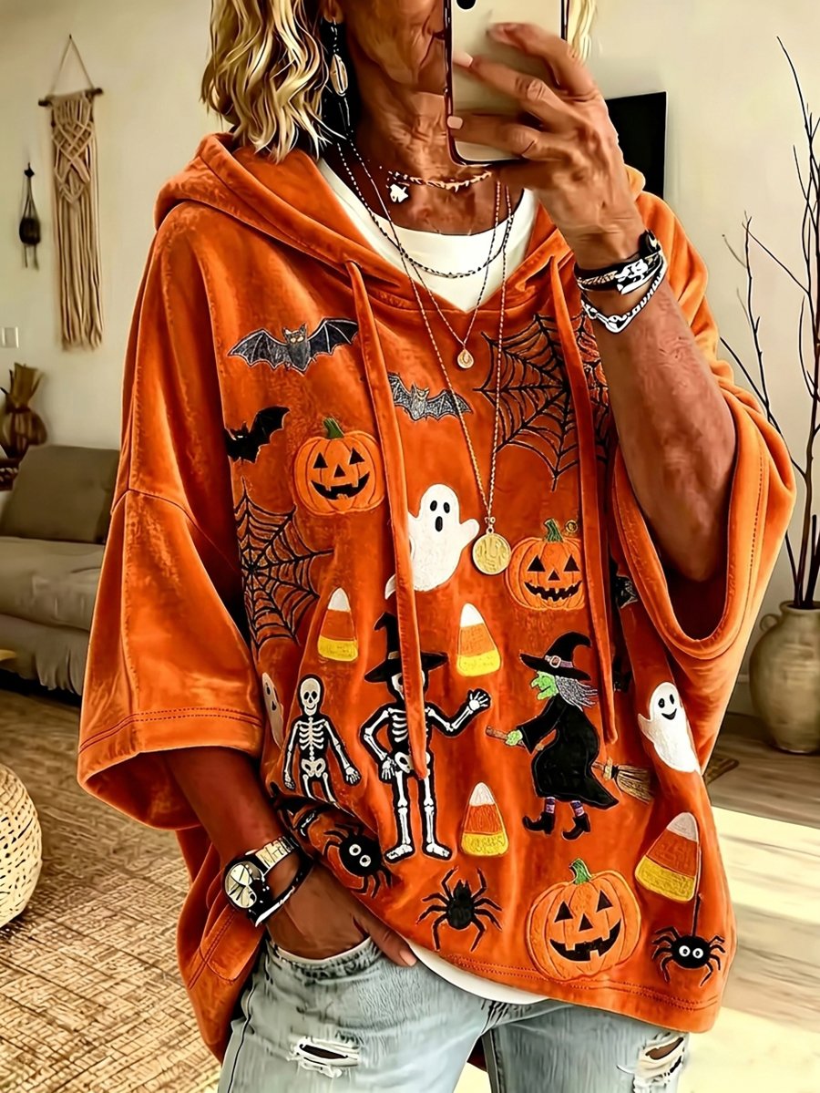 Women's Halloween Print Velvet Casual Hoodie