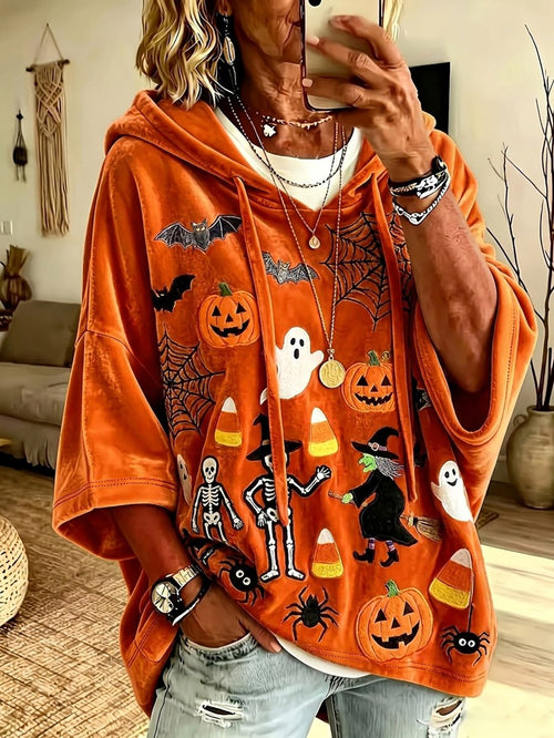 Women's Halloween Print Velvet Casual Hoodie
