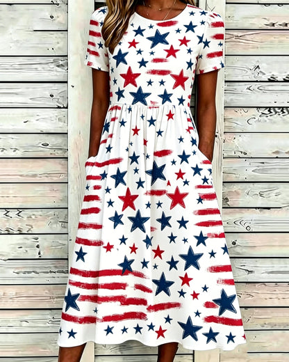 250th Anniversary Colorful Little Star Print Pocket Casual Dress