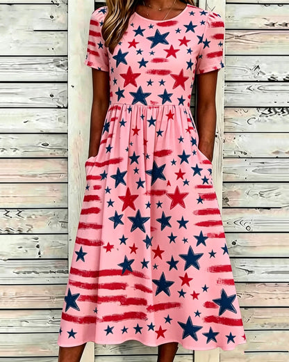250th Anniversary Colorful Little Star Print Pocket Casual Dress