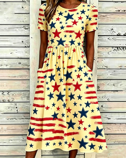 250th Anniversary Colorful Little Star Print Pocket Casual Dress