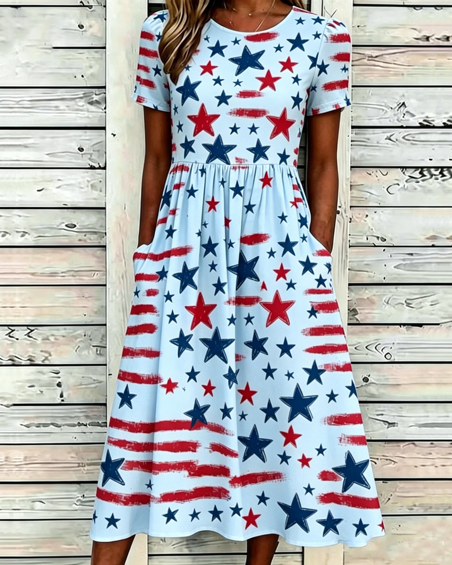 250th Anniversary Colorful Little Star Print Pocket Casual Dress