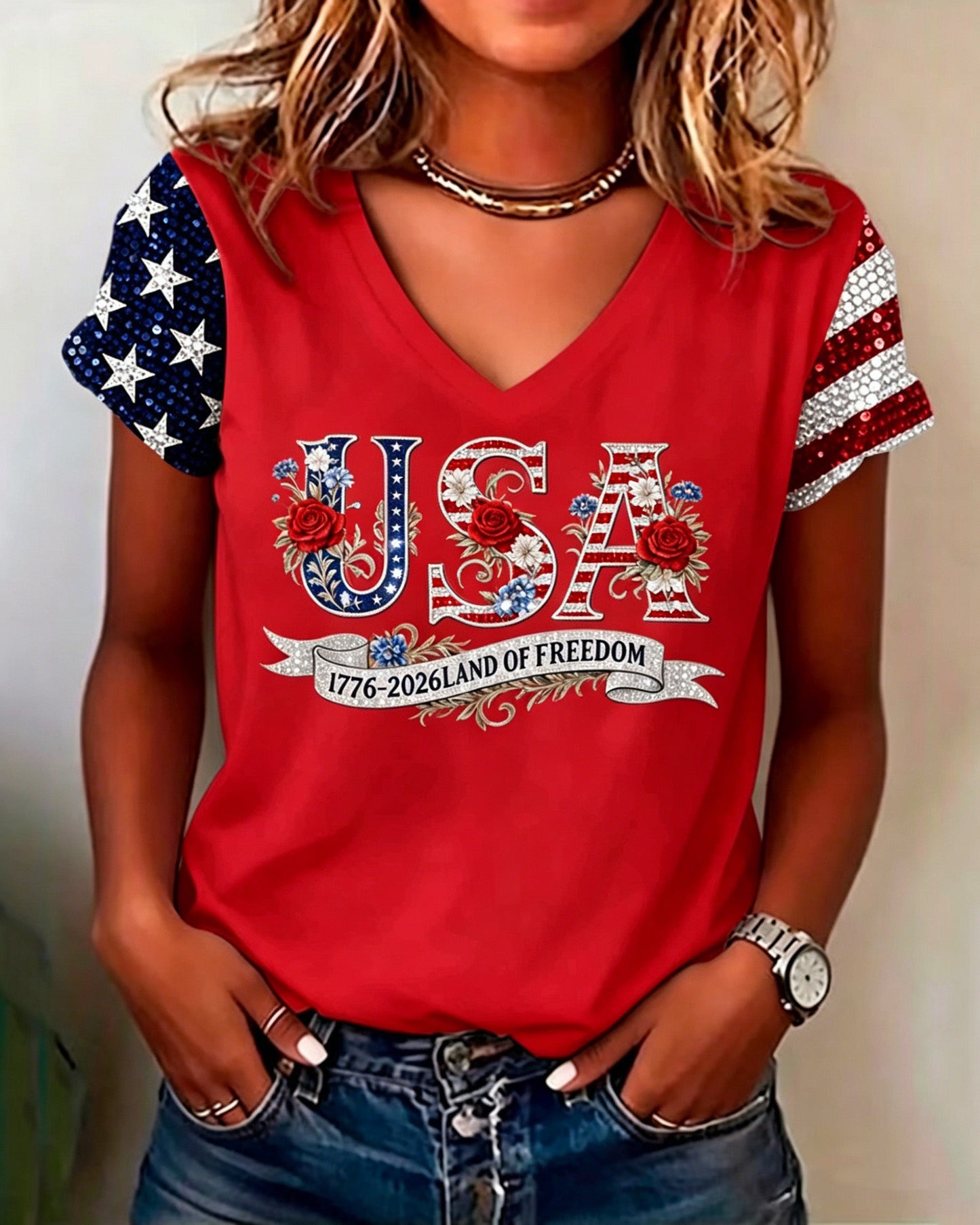 250th Anniversary Letter Flowers V-neck Short Sleeve Tshirt