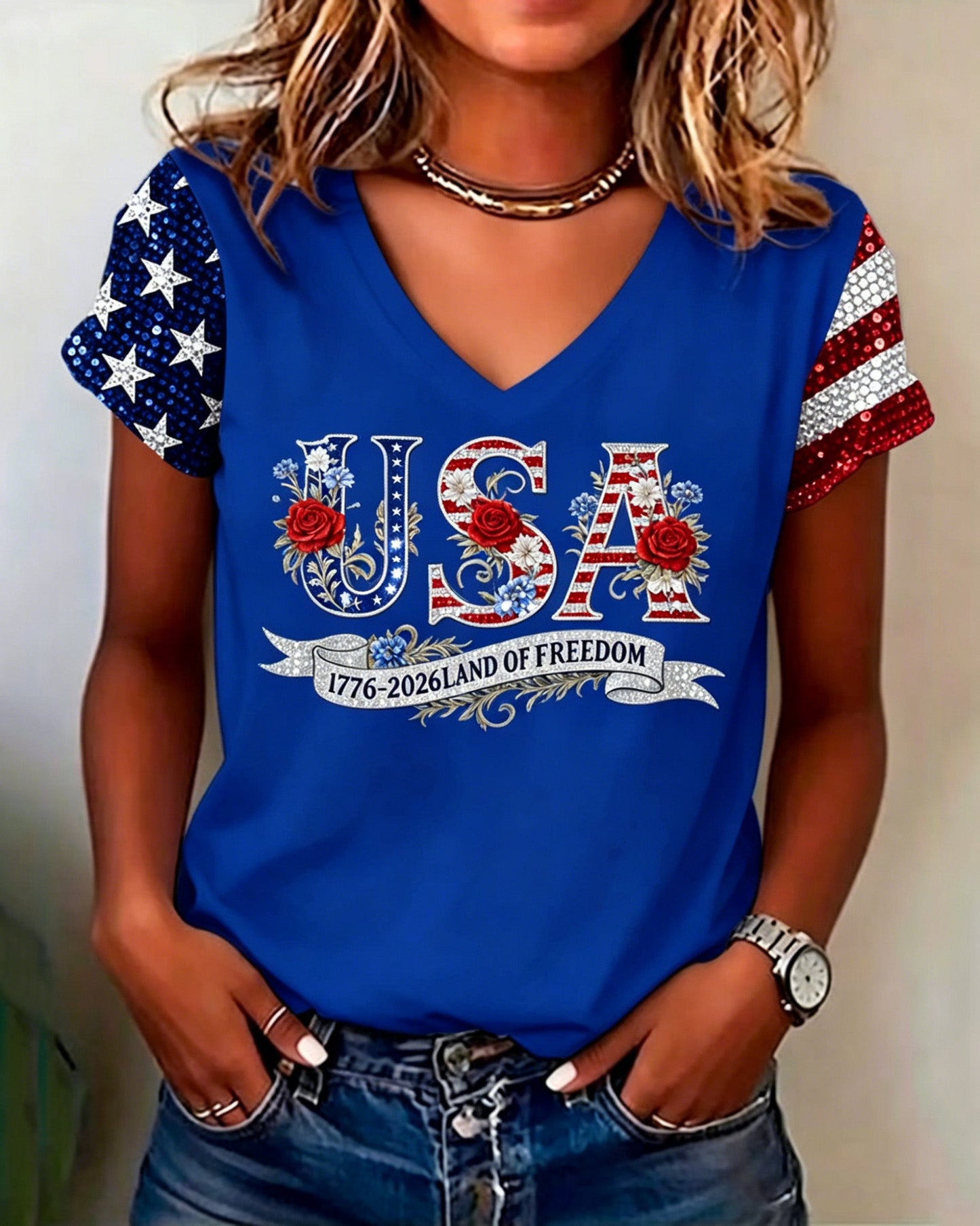 250th Anniversary Letter Flowers V-neck Short Sleeve Tshirt