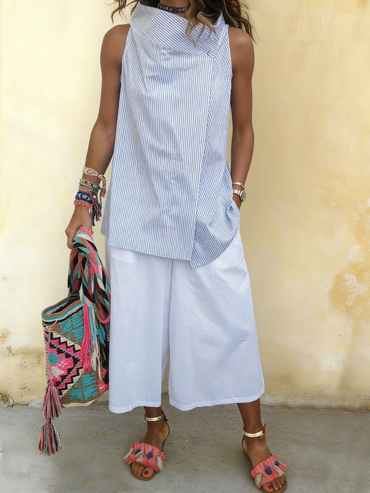 Women's Casual Stripe Sleeveless High-neck Cotton Top