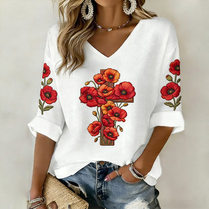 Women's Memorial Day Poppy Art Printed Casual Top