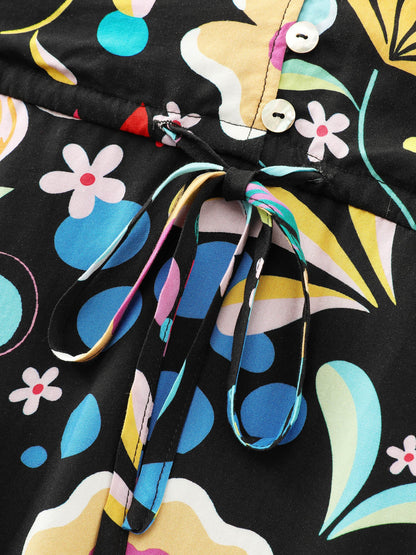 Bright Floral Print Flared Sleeve Midi Dress