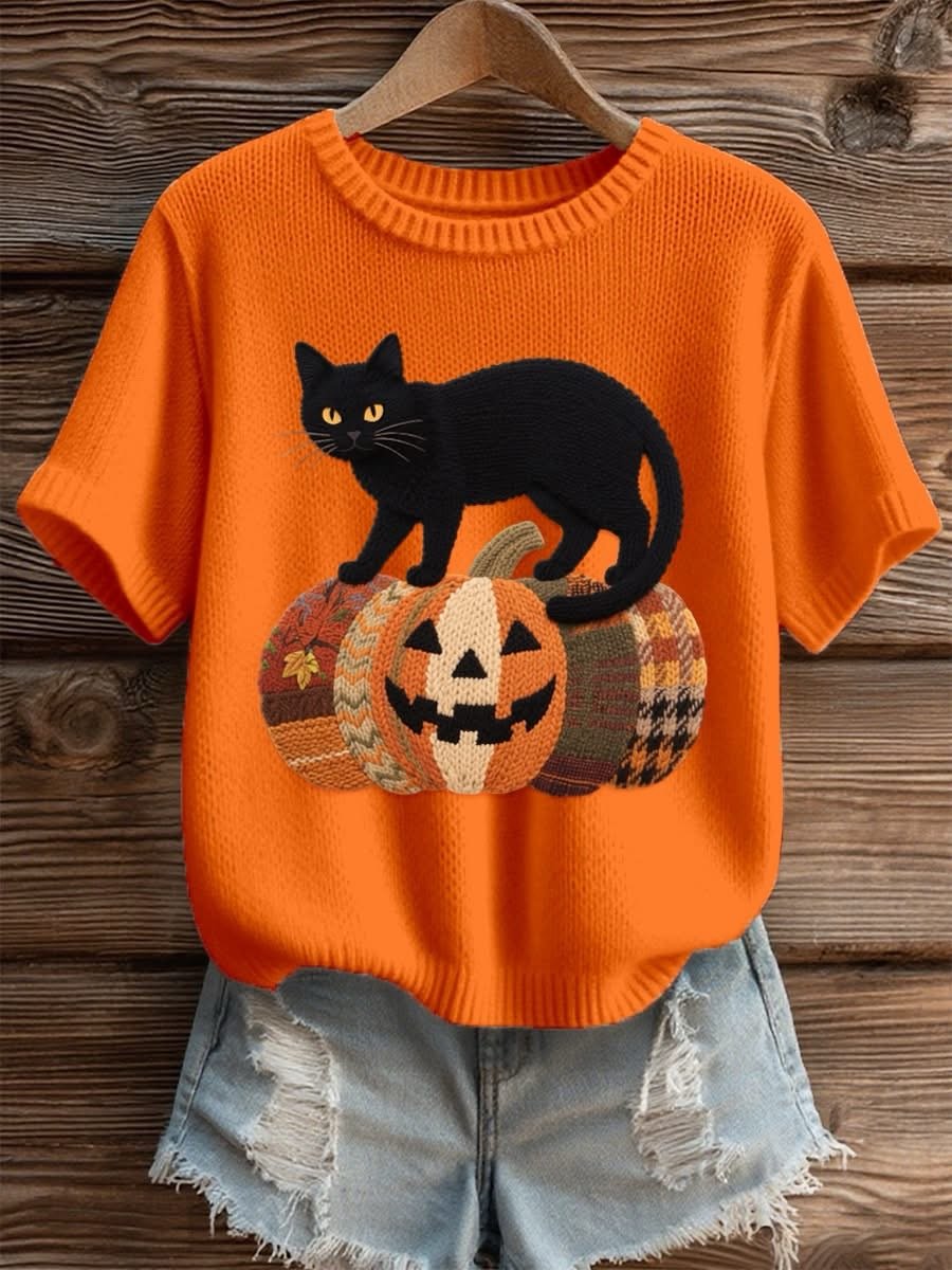 Women's Halloween Pumpkin Cat Knit Top