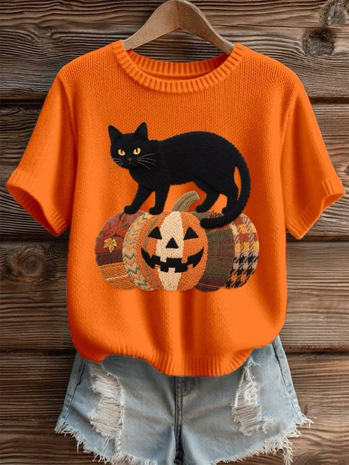 Women's Halloween Pumpkin Cat Knit Top