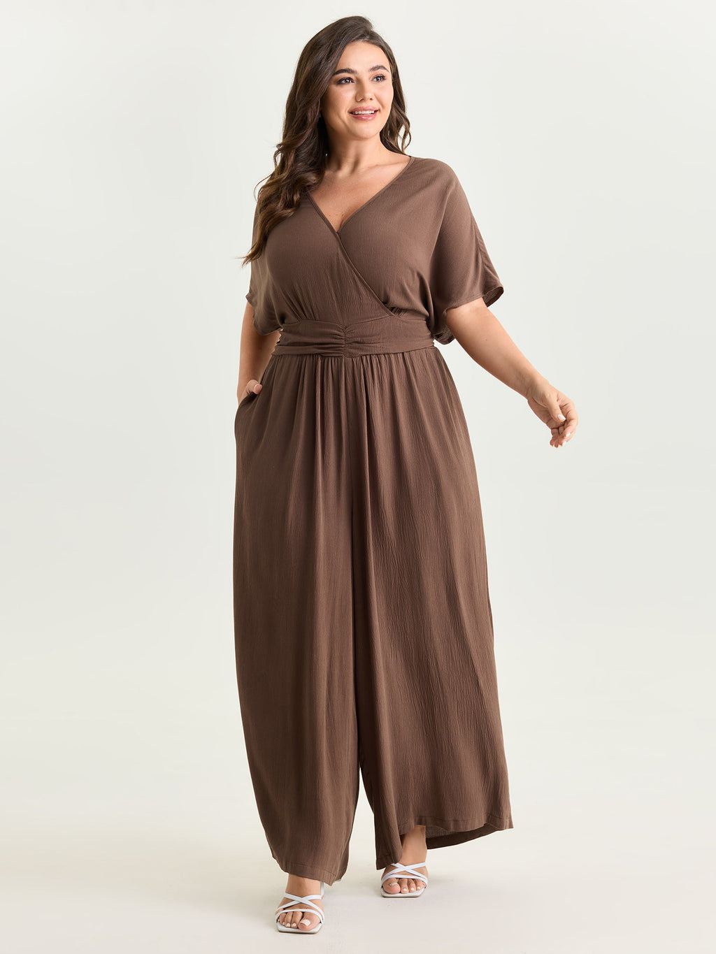 Textured Pleated Waist Surplice Jumpsuit