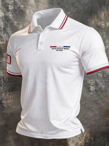 Men's Retro Patriotic Color-Block Short-Sleeve Polo Shirt