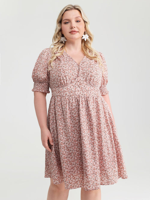 Sweet Floral Print Shirred Cuffs Pockets Midi Dress