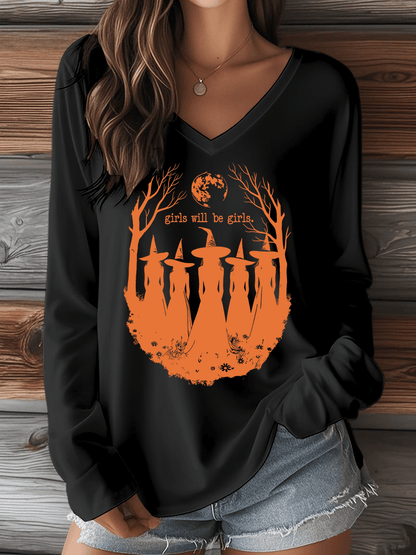 🔥HOT SALE🔥Women's Halloween Girls Will Be Girls. Print V-Neck Long Sleeve T-Shirt