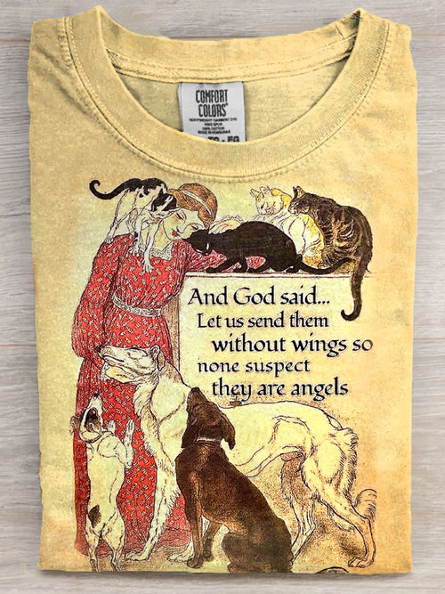 Vintage Style Dogs and Cats Art Print Casual Short Sleeve T-shirt