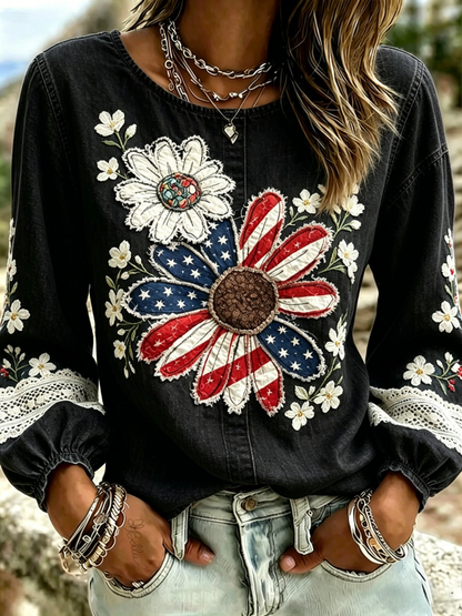 Women's 250 Years Of Freedom Flower Art Print round neck top