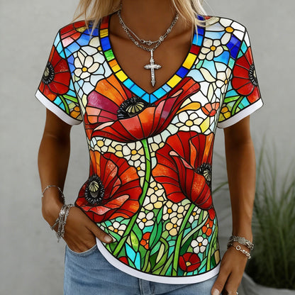 Women's Memorial Day Poppy Art Printed T-Shirt