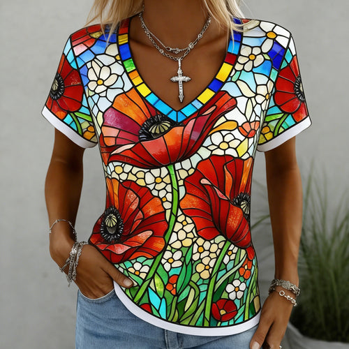 Women's Memorial Day Poppy Art Printed T-Shirt