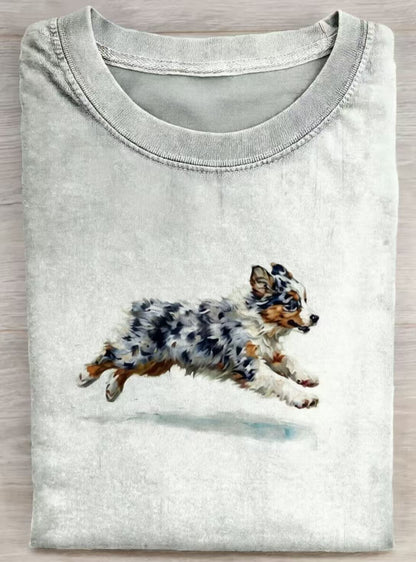 Funny Retro Cute Running Dog Art Print Casual Cotton Short Sleeve T-shirt