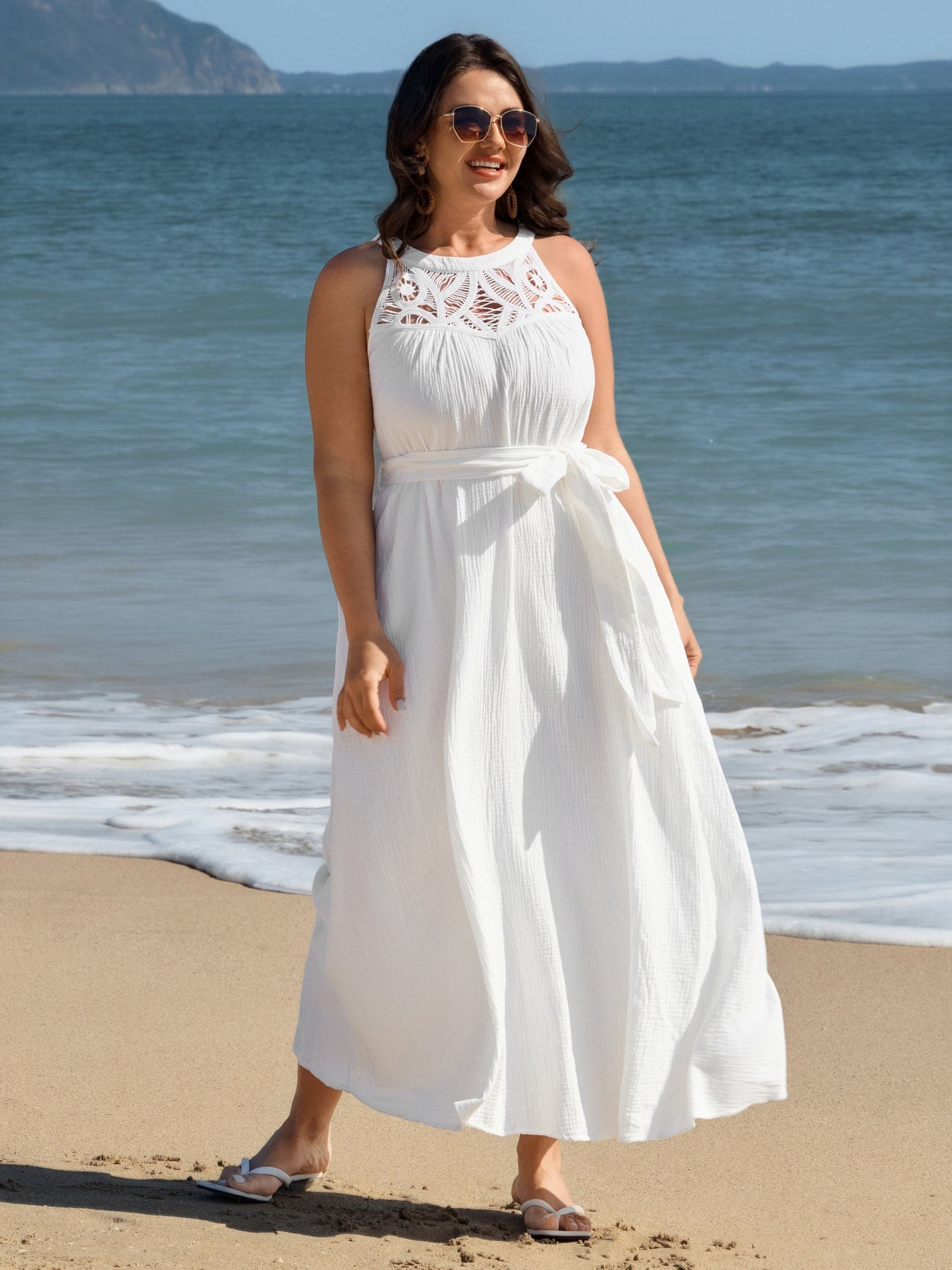 Cotton Sheer Lace Neckline Waist-Tie Maxi Dress