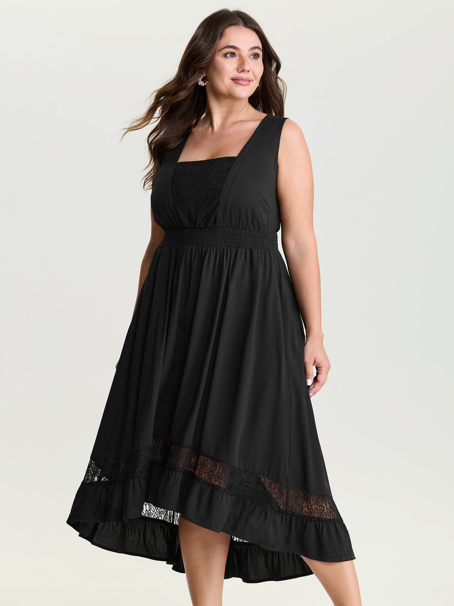 Lace Shirred Waist High Low Hem Midi Dress