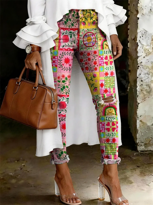 Women's Fashion Casual Multicolor Flowers Art Print Ripped Skinny Jeans