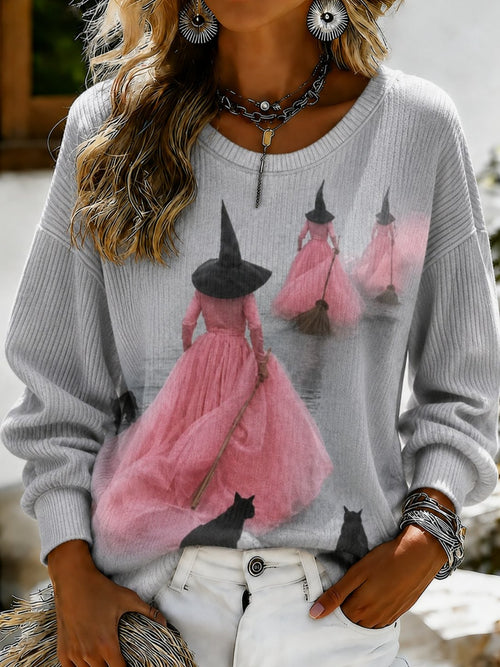 Women'S Pink Witch-Themed Casual Sweatshirt