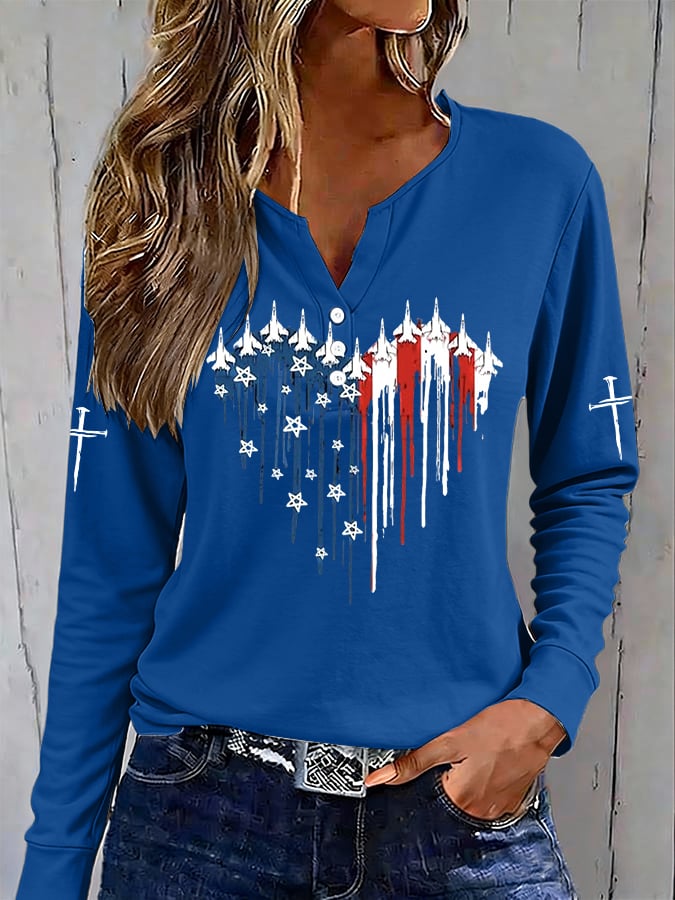 Women's casual retro flag-print button-up sweatshirt