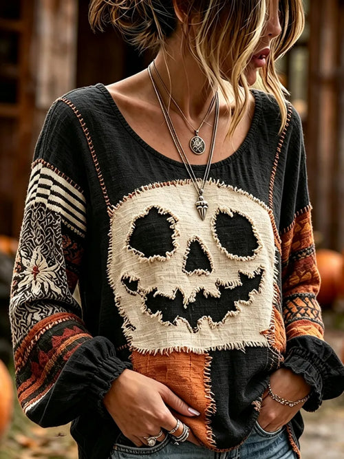 Women's Halloween Jack-o'-lantern Art Long-Sleeve Linen Shirt