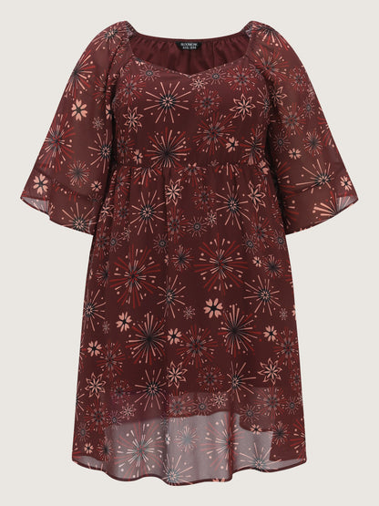 Vintage Floral Print Flowy Mesh Midi Dress