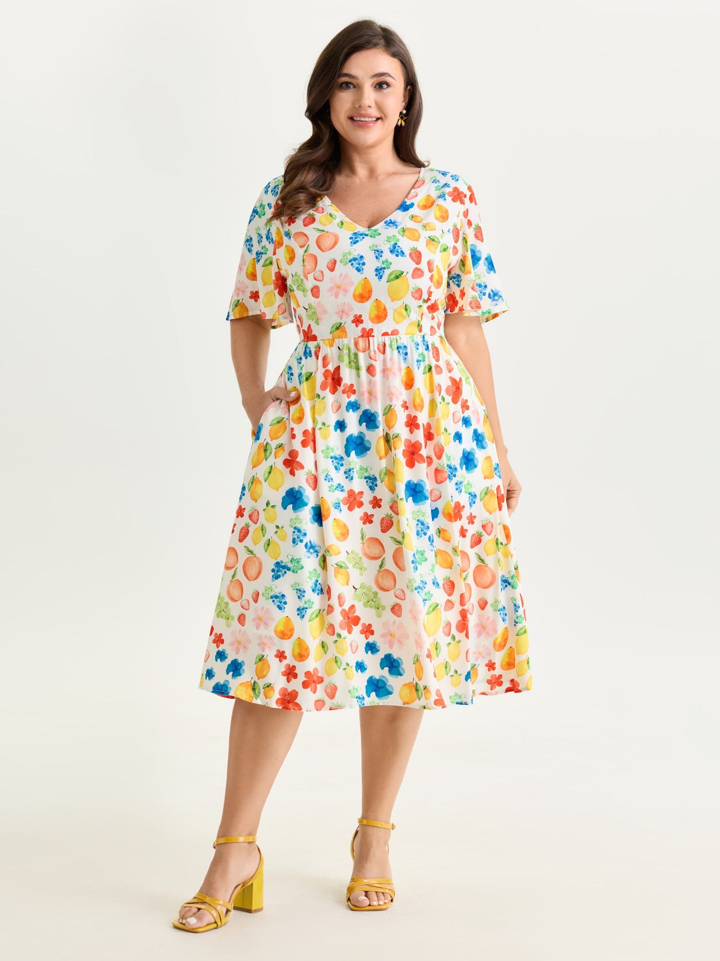 Colorful Fruit Print V-Neck Midi Dress