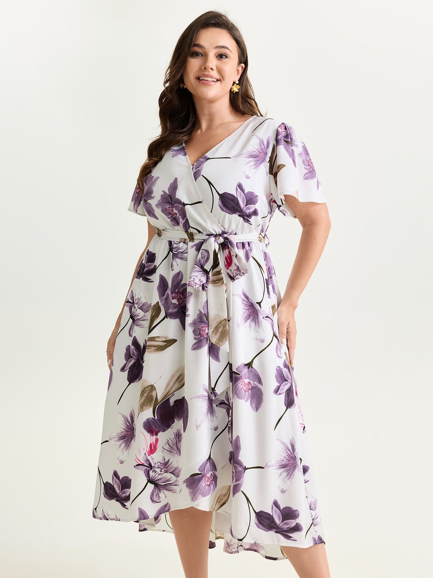 Large Floral Print Waist-Defining Midi Dress