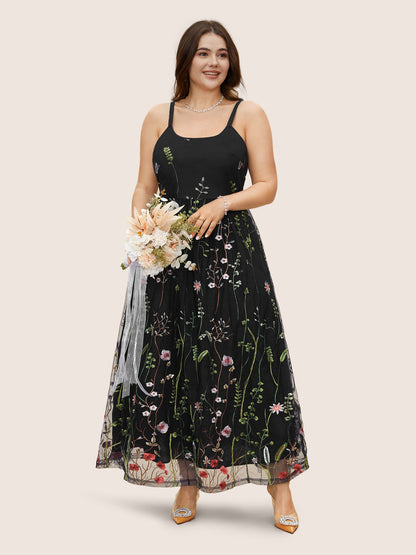 U Neck Floral Embroidered Mesh Cami Dress