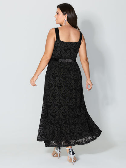 Flocked Spliced Velvety Tie Maxi Dress