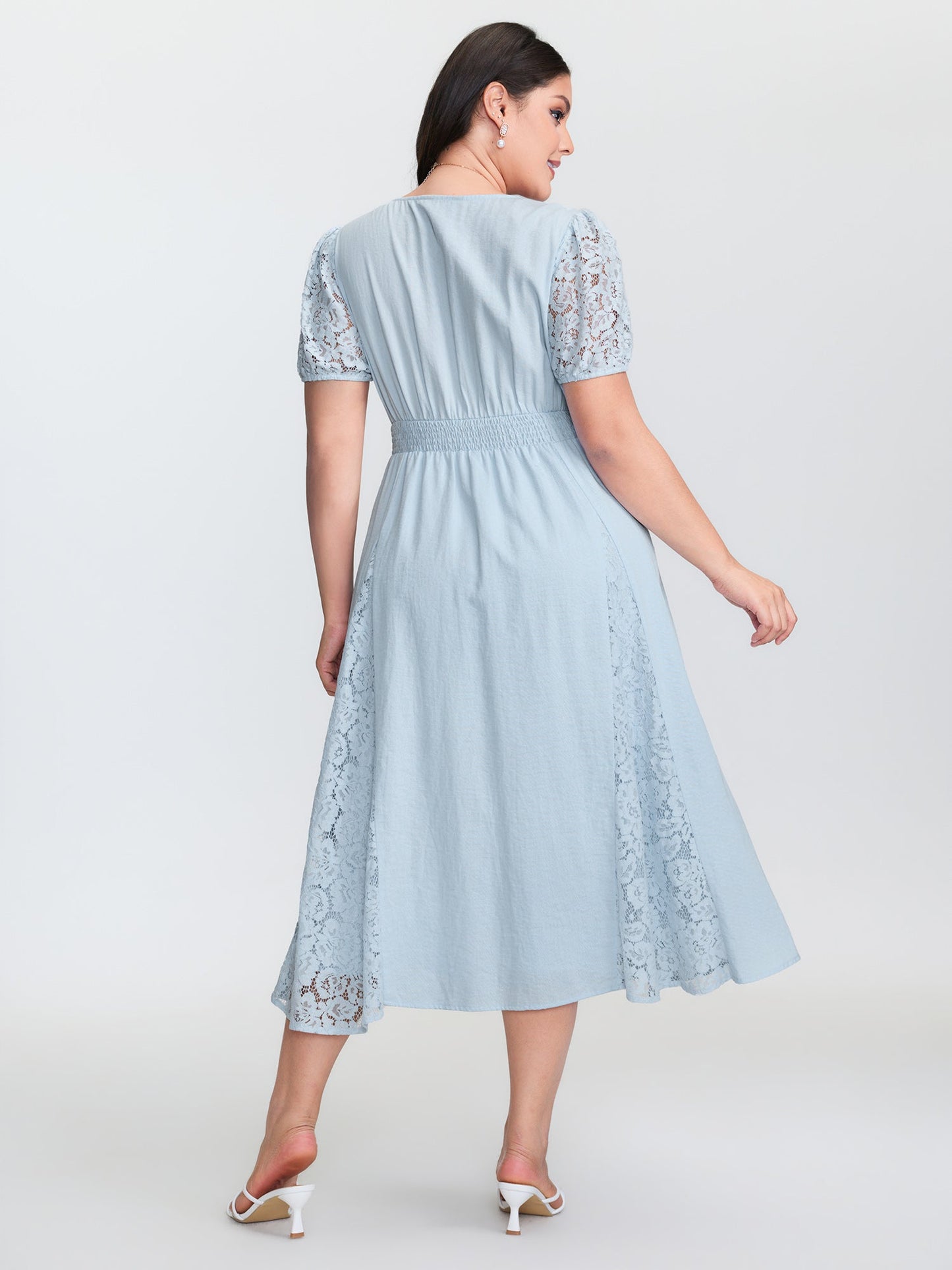 Lace Panels Shirred Waist Midi Dress